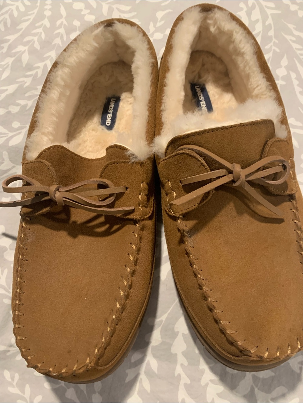 Lands' End Men’s Chestnut Brown Suede Shearling-Lined Moccasin Slippers